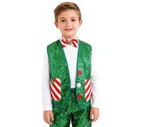 HULIJA Kids Boys Sparkly Sequins Christmas Vest Santa Elf Sleeveless Pockets Waistcoat Jacket With A Bow Tie Green 11-12 Years