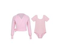 HULIJA Kids Girls 2 Pcs Dance Clothes Set Short Sleeve Ballet Leotard with Long Sleeve Wrap Tops Cardigan Dancing Outfit Pink 2-3 Years