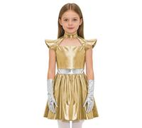 HULIJA Kids Girls Halloween Alien Costume Flying Sleeve Shiny Metallic Outerspace Robot Dress Gloves Outfit Light Gold 7-8 Years