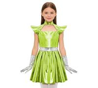 HULIJA Kids Girls Halloween Alien Costume Flying Sleeve Shiny Metallic Outerspace Robot Dress Gloves Outfit Fluorescent Green 15-16 Years
