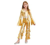 HULIJA Kids Girls Shiny Metallic Jumpsuit Christmas 70s Hippie Disco Funky Dance Unitards Bodysuit Dancewear Gold 5-6 Years