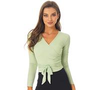 HULIJA Women's Crochet V Neck Long Sleeve Ballet Dance Wrap Top Self Tie Sport Active Shirt Cover Up Light Green M