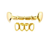 Huliyhus 18K Gold Plated Hip Hop Teeth Grillz Caps Top and Bottom Vampire Fangs Grills Set for Men Women Party Accessories Teeth Grills, One Size, brass, No Gemstone