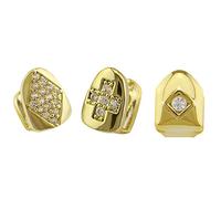 Huliyhus 3 Pcs 18K Gold Plated Hip Hop Teeth Grillz for Your Teeth Diamond Iced Out CZ Single Teeth Grillz Caps Teeth Grills for Men Women, One Size, Brass, Cubic Zirconia