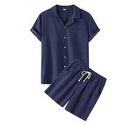 HULKAY Mens Casual Cotton Linen Set Short Sleeve Linen Shirt Drawstring Shorts 2 Piece Pajama Sets Loungewear Beach Yoga Set(Navy,Medium)