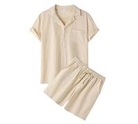HULKAY Mens Casual Cotton Linen Set Short Sleeve Linen Shirt Drawstring Shorts 2 Piece Pajama Sets Loungewear Beach Yoga Set(Khaki,Large)