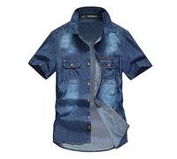 HULKAY Men's Casual Denim Shirts with Flap Pockets Short Sleeve Button Down Fashion Business Dress Shirt Western Cowboy Shirt Cotton WorkwearDark BlueL