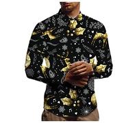 HULKAY Mens Fashion 3D Printed Shirts Long Sleeve Casual Loose Fit Button Down Dress Shirts Xmas Party Holiday Tops(Black B,M)