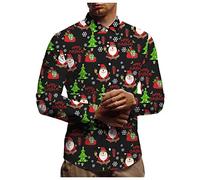 HULKAY Mens Fashion 3D Printed Shirts Long Sleeve Casual Loose Fit Button Down Dress Shirts Xmas Party Holiday Tops(Black A,3XL)
