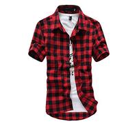 HULKAY Mens Fashion Short Sleeve Flannel Shirts Slim Fit Causal Button Down Plaid Designer Shirts Camisas de Hombre Shirt(Red,XL)