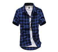 HULKAY Mens Fashion Short Sleeve Flannel Shirts Slim Fit Causal Button Down Plaid Designer Shirts Camisas de Hombre Shirt(Dark Blue,XXL)