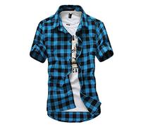 HULKAY Mens Fashion Short Sleeve Flannel Shirts Slim Fit Causal Button Down Plaid Designer Shirts Camisas de Hombre Shirt(Sky Blue,3XL)