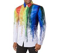 HULKAY Men's Fashion Splash Ink Printed Long Sleeve Shirts Casual Slim Fit Button Down Shirt Turndown Collar Colorful Shirt(A#White,L)