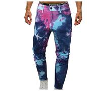 HULKAY Mens Fashion Tie Dye Jeans Printed Casual Zipper Up Pants Relaxed Fit Mid Waist Jeans Denim Trousers(Blue,M)