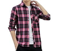 HULKAY Mens Long Sleeve Button Down Camp Shirts Brushed Flannel Shirts Plaid Jackets Cotton Checkered Oxford Work Shirts(Red,4XL)