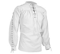 HULKAY Mens Pirate Shirt Lace Up Vampire Renaissance Victorian Steampunk Gothic Ruffled Medieval Halloween Costume Clothing(White,S)