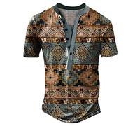 HULKAY Mens Vintage Aztec Short Sleeve Henley Shirt Street Fashion 3D Print T-shirts Casual Lightweight V Neck T-Shirt(Navy,L)