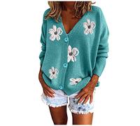HULKAY Women's Floral Print Long Sleeve V-Neck Sweaters Button Down Ribbed Cuffs Knit Cropped Cardigan Sweater(Blue,XL)