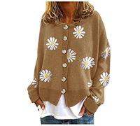 HULKAY Women's Floral Print Long Sleeve V-Neck Sweaters Button Down Ribbed Cuffs Knit Cropped Cardigan Sweater(Xaa-Khaki,M)
