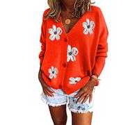 HULKAY Women's Floral Print Long Sleeve V-Neck Sweaters Button Down Ribbed Cuffs Knit Cropped Cardigan Sweater(Orange,L)