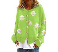 HULKAY Women's Floral Print Long Sleeve V-Neck Sweaters Button Down Ribbed Cuffs Knit Cropped Cardigan Sweater(Xaa-Green,S)