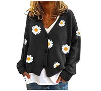 HULKAY Women's Floral Print Long Sleeve V-Neck Sweaters Button Down Ribbed Cuffs Knit Cropped Cardigan Sweater(Black,XXL)