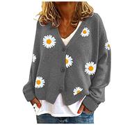 HULKAY Women's Floral Print Long Sleeve V-Neck Sweaters Button Down Ribbed Cuffs Knit Cropped Cardigan Sweater(Gray,M)