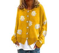 HULKAY Women's Floral Print Long Sleeve V-Neck Sweaters Button Down Ribbed Cuffs Knit Cropped Cardigan Sweater(Xaa-Yellow,S)
