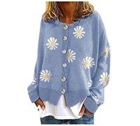 HULKAY Women's Floral Print Long Sleeve V-Neck Sweaters Button Down Ribbed Cuffs Knit Cropped Cardigan Sweater(Xaa-Blue,XL)