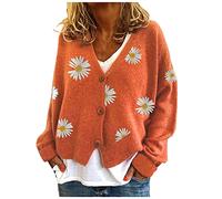 HULKAY Women's Floral Print Long Sleeve V-Neck Sweaters Button Down Ribbed Cuffs Knit Cropped Cardigan Sweater (UK, Alpha, S, Regular, Regular, Orange)