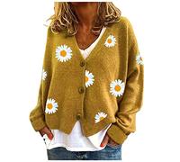 HULKAY Women's Floral Print Long Sleeve V-Neck Sweaters Button Down Ribbed Cuffs Knit Cropped Cardigan Sweater(Yellow,L)