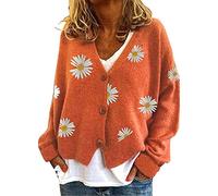 HULKAY Women's Floral Print Long Sleeve V-Neck Sweaters Button Down Ribbed Cuffs Knit Cropped Cardigan Sweater (UK, Alpha, M, Regular, Regular, Orange)