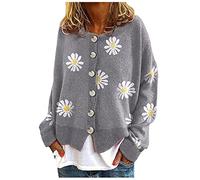HULKAY Women's Floral Print Long Sleeve V-Neck Sweaters Button Down Ribbed Cuffs Knit Cropped Cardigan Sweater(Xaa-Gray,XL)