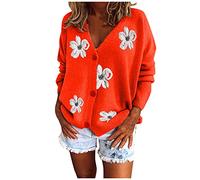 HULKAY Women's Floral Print Long Sleeve V-Neck Sweaters Button Down Ribbed Cuffs Knit Cropped Cardigan Sweater(Orange,M)