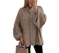 BTFONIA Women's Winter Button Down Cardigan Sweaters Mock Neck Lantern Long Sleeve Chunky Knit Jacket Trendy Outerwear(Khaki,L)