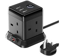 Hulker Cube Extension Lead 3m, 4 Way Plug Socket with Switch, Power Strip with 3 USB Ports, Compact 13A 3250W Extension Cable for Home Dorm Office (Black)