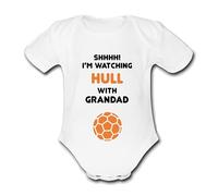HULL Shhhh! I'm watching with Daddy Mummy Grandad Unique Football Babygrow Cute Personalised Funny Baby Vest Grow Boys Girls Unisex Gift Babygrow Bodysuit CITY