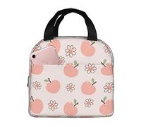 Hulnulnu Peach Fruit Happy Flower Pink Lunch Bag for Women Girls Insulated Lunch Box Reusable Lunchbox Waterproof Portable Lunch Tote