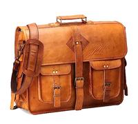 HULSH Vintage Leather Laptop Bag for Men Full Grain Large Leather Messenger bag for men 18 inches with rustic look Brown briefcase, Tan, L, Vintage