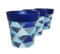 Hum Flowerpots, 22cm Set of 3, Various Patterns Colours and Sizes, Indoor/Outdoor Plastic Plant Pots, Blue Geometric