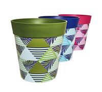 Hum Flowerpots, 22cm Set of 3, Various Patterns Colours and Sizes, Indoor/Outdoor Plastic Plant Pots, Blue,Pink,Green Geometric