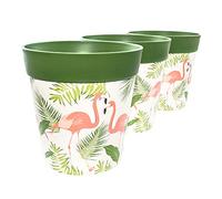 Hum Flowerpots, 22cm Set of 3, Various Patterns Colours and Sizes, Indoor/Outdoor Plastic Plant Pots, Green Flamingo