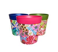 Hum Flowerpots, 25cm Set of 3, Various Patterns Colours and Sizes, Indoor/Outdoor Plastic Plant Pots (Multi Floral)