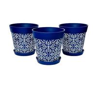 Hum Flowerpots set of 3 plastic, indoor/outdoor plant pots 22cm diameter and 3 saucers 17cm diameter (Blue Maroc)