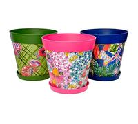 Hum Flowerpots set of 3 plastic, indoor/outdoor plant pots 25cm diameter and 3 saucers 19cm diameter (Multi Floral)