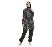 Huma & Hazel - Plus Size Fully Covered Embroidered Pattern Burkini Swimwear 4 Pieces - Made in Turkey, Black, XXXXL