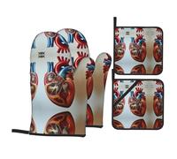 Human Anatomy Heart Chart Oven Mitts And Pot Holders Sets â€“ Heat Resistant Kitchen Gloves With Waterproof Design, Includes 2 Gloves & 2 Potholders For Baking, Cooking, Bbq