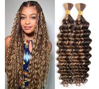 Human Braiding Hair 2 Bundles/Pack 100g Highlight 4/27 Deep Wave Human Bulk Hair for Braiding No Weft 10A Brazilian Virgin braiding Hair for Boho Braids (Highlight 4/27, 20 inch)