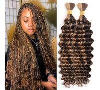 Human Braiding Hair 2 Bundles/Pack 100g Highlight 4/27 Deep Wave Human Bulk Hair for Braiding No Weft 10A Brazilian Virgin braiding Hair for Boho Braids (Highlight 4/27, 24 inch)