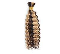 Human Braiding Hair Deep Wave Bulk Human Hair 2 Bundles Total 100 g Human Braiding Hair for Boho Braids(Blonde Highlight,24inch)